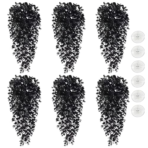 Hamiledyi 6 PCS Reptile Plants, Hanging Terrarium Plants, Artificial Leaves Habitat Decorations with Suction Cup, Fake Amphibian Plants for Bearded Dragon Lizard Hermit Crab Geckos Chameleon(Black) - size: 6 PCS