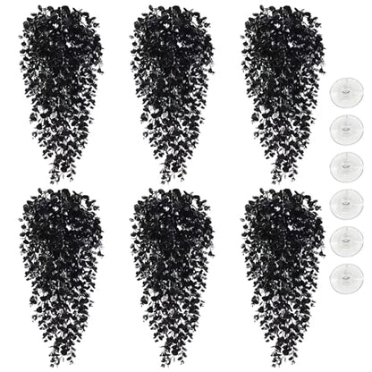 Hamiledyi 6 PCS Reptile Plants, Hanging Terrarium Plants, Artificial Leaves Habitat Decorations with Suction Cup, Fake Amphibian Plants for Bearded Dragon Lizard Hermit Crab Geckos Chameleon(Black) - size: 6 PCS