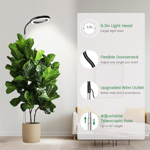 Plant Light, Full Spectrum Grow Light, 65'' Height Adjustable 3Pack | 6000K Grow Light, 3 Colors Modes, 5 Dimmable Levels, 6/12/16H Timer, Soil Insert, for Large Plants - size: Black-3Pack