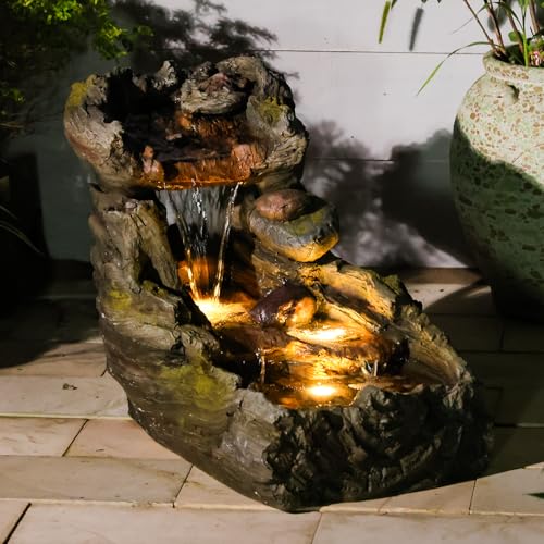 Sunlinua 24H L Tree Trunk Outdoor Water Fountain with 3 Tiers | Cascading Waterfall Fountains with LED Lights Outdoor Water Fountain for Garden Patio Backyard Porch Home Decor - color: Gray-4049, size: 33H
