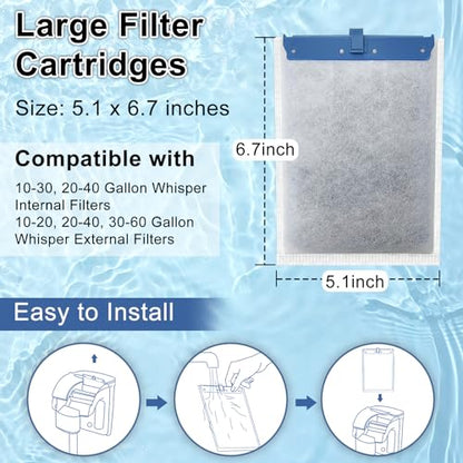 6 Pack Filter Cartridge Compatible with Whisper Bio-Bag Filters, Large Aquarium Filter Cartridges Compatible Replacement with Whisper Filters 20i,40i/IQ20,30,45,60/PF20,30,40,60 and ReptoFilter - size: 6 Pack Large