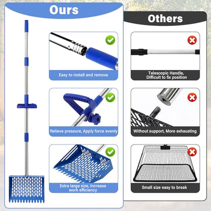 2-in-1 Chicken Poop Scooper & Rake, 10 Inch Chicken Coop Scoop with 37" to 65" Adjustable Stainless Steel Handle, Pooper Scooper Set with Gloves, Pet Farm Animal Waste Cleaning Tools (Blue) - color: Blue