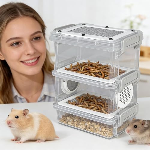 Mealworm Breeding Kit, 3 Layer Breed Live Feeder Worm Farm for Reptiles, High Capacity Mealworm Farm for Reptiles, Bearded Dragons, Leopard Geckos, Birds, Chickens, Lizards