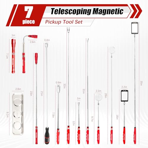 TOOLEAGUE 7Pcs Telescoping Magnetic Pickup Tool Set | Extendable LED Flashlight,Round & Square 360° Inspection Mirror for Men Mechanics, and Handymen, Red