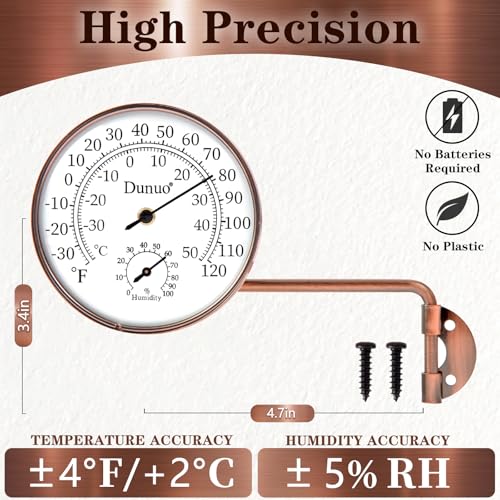 4-Inch Long Arm Brass Outdoor Thermometer & Humidity Gauge | Weatherproof Battery-Free Analog Hygrometer, °F/°C Dual Scale, Adjustable Swivel Bracket for Patio, Window & Greenhouse - size: 4inch with longer arm