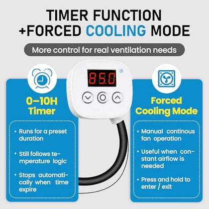 Attic Fan Thermostat, 120V Digital Cooling Temperature Controller | 0–10H Timer, Plug-in Exhaust Fan Temperature Controlled Outlet for Greenhouse, Workshop, Garage