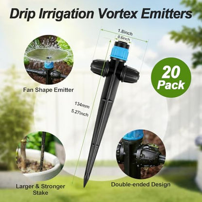 RedChili 20 Pieces Drip Emitters for 1/4" Drip Irrigation Tubing, Adjustable 360 Degree Vortex Drip Emitters with Stake 360° Full Circle Umbrella Shape Pattern Garden Two Way Irrigation Micro Drippers - size: 25P VortexEmitter(Two Way)