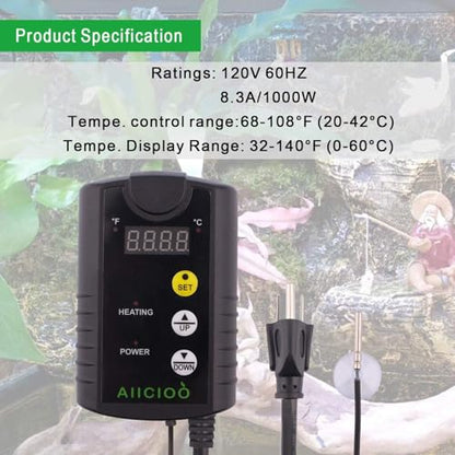 Aiicioo Under Tank Heater Thermostat - Reptile Heating Pad with Temperature Control Reptile Heat Mat for Combo Set for Hermit Crab Lizard Terrarium 8W - size: 6" X 8"(8W) with Thermostat