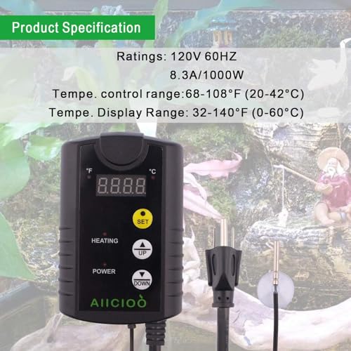Aiicioo Under Tank Heater Thermostat - Reptile Heating Pad with Temperature Control Reptile Heat Mat for Combo Set for Hermit Crab Lizard Terrarium 8W - size: 6" X 8"(8W) with Thermostat