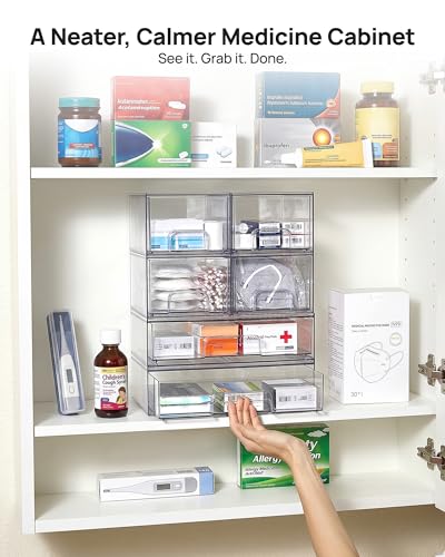 Vtopmart Stackable Storage Drawers Set of 6, Clear Plastic Organizer Bins for Bathroom Supplies, Ideal for Cabinet,Shelf, Pantry, Laundry Room Organization - style: 4 Small+2 Wide