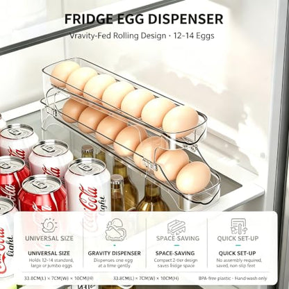 Gagee Clear Egg Holder for Fridge, 2 Layer | Auto Rolling, Space Saving Container, Dispenser Egg Roller, Refrigerator Storage Organizer