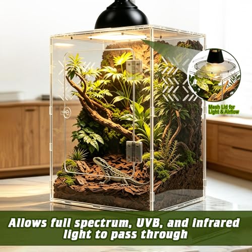 10 Gallon Acrylic Reptile Tank Enclosure,12x12x18 Fully Transparent Reptile Terrarium Acrylic Front Opening with Metal Translucent Mesh Top for Crested Gecko Lizards, Snakes, Chameleon
