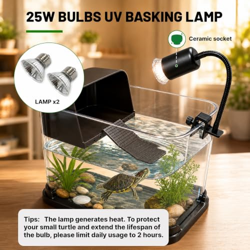 Turtle Tank Starter Kit, Durable PC Turtle Aquarium Kit | Basking Platform & Dimmable Heat Lamp, Baby Aquatic Turtle Tank with Filter,Multi-Function Area for Small Reptiles