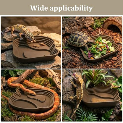 3 Pcs Aquatic & Terrestrial Reptiles Bathing Pool Set, Turtle Water Bowl | 2 Pcs Tortoise Water Dish in 2-Size with Ramps and Feeding Dish - color: Light Brown【2 x Water Dish,1 x Feeding Dish】