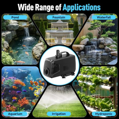 880GPH Submersible Water Pump, Water Fountain (85W 3200L/H) with 10.5FT High Lift Adjustable & 3 Nozzles & 16.4FT Cord, Ultra Quiet Aquarium Pump for Pond Fountain Waterfall Hydroponics-Q105 - size: 880GPH