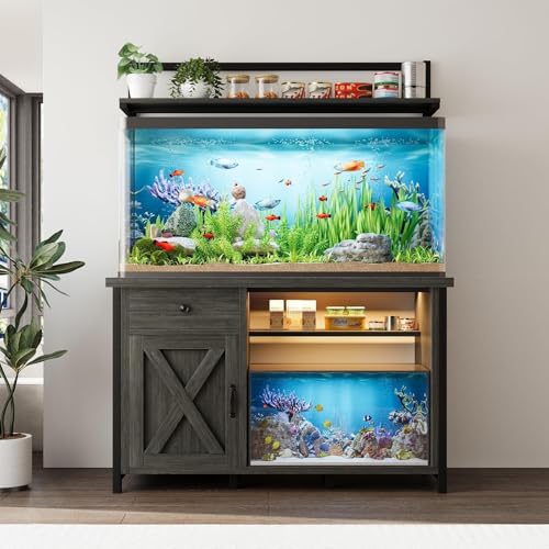 55-75 Gallon Fish Tank Stand with Storage, Aquarium Stand with Shelf, Gray | 49.2 x 19.7 In Top, Upper Shelf, LED Light, 2 Outlets, 2 USB Ports, Metal Frame Support, Turtle Tank Stand, 1100 LBS - color: Gray