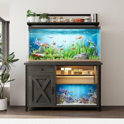 55-75 Gallon Fish Tank Stand with Storage, Aquarium Stand with Shelf, Gray | 49.2 x 19.7 In Top, Upper Shelf, LED Light, 2 Outlets, 2 USB Ports, Metal Frame Support, Turtle Tank Stand, 1100 LBS - color: Gray