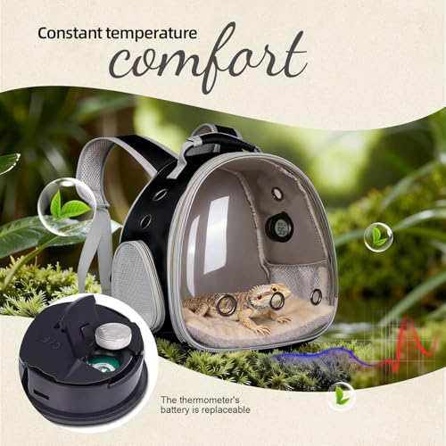Bearded Dragon Backpack Carrier w/Reptile Thermometer Hygrometer, Clear Bubble Window Astronaut Space Capsule Travel Bag for Leopard Gecko, Ball Python, Lizard, Hermit Crab, Spider, Guinea Pig - color: Black