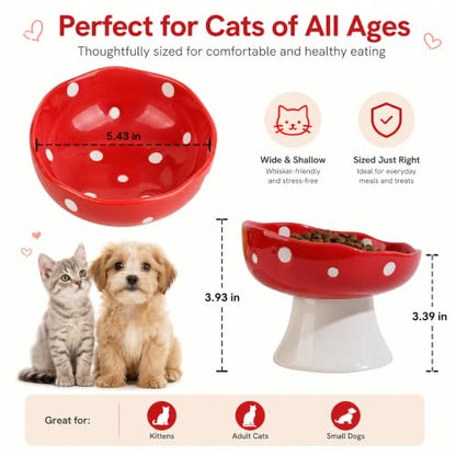 Red Mushroom Cat Bowl, Elevated Ceramic Bowl for Cats | Cute Mushroom, Elevated, Ceramic, Whisker Friendly, Wide Opening, Stable, Easy Clean - color: Red