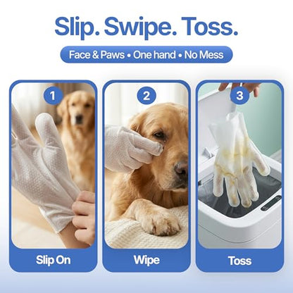 Pet Cleaning Glove Wipes for Dogs & Cats - Hypoallergenic Coconut Infused No-Rinse Dog Washing Gloves - Deodorizing Grooming Mitts - Puppy and Cat Cleaning Wipes - 20 Count