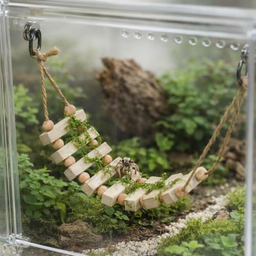 Jumping Spider Enclosure Accessories Magnetic Jumping Spider Rope Bridge with Artificial Moss Handmade Rectangular Solid Wood Suspension Bridge (Natural Wood Color)