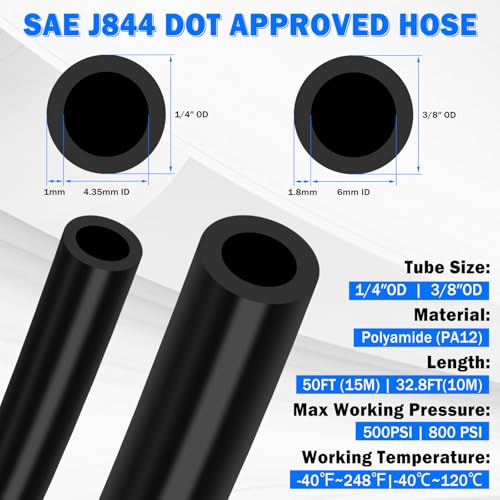 55 Pcs Air Line Tubing Kit,1/8"1/4"3/8"1/2" Air Line Quick Connect Air Hose Fittings with 1/4" OD x 50 FT (15m) DOT Air Line & 3/8" OD x 32.8 FT (10m) for Pneumatic System Or Fluid Transfer - size: 55PCS & 50FT 1/4"+3/8" Air Line