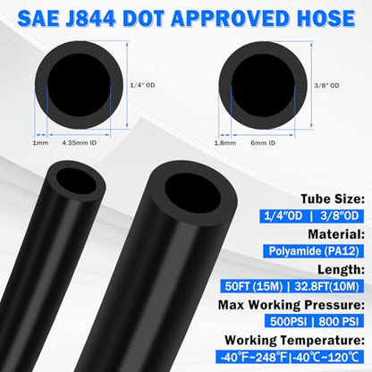 55 Pcs Air Line Tubing Kit,1/8"1/4"3/8"1/2" Air Line Quick Connect Air Hose Fittings with 1/4" OD x 50 FT (15m) DOT Air Line & 3/8" OD x 32.8 FT (10m) for Pneumatic System Or Fluid Transfer - size: 55PCS & 50FT 1/4"+3/8" Air Line