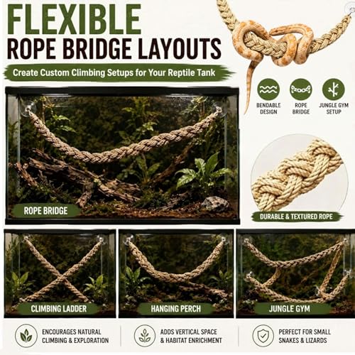 Ball Python Tank Accessories Snake Climbing Rope with Suction Cups & Hooks | Natural Beige 29-Inch Braided Rope Bridge for Climbing Resting & Habitat Decor for Corn Snakes Geckos & Lizards