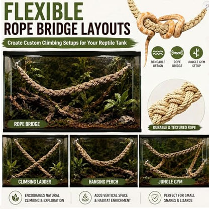Ball Python Tank Accessories Snake Climbing Rope with Suction Cups & Hooks | Natural Beige 29-Inch Braided Rope Bridge for Climbing Resting & Habitat Decor for Corn Snakes Geckos & Lizards
