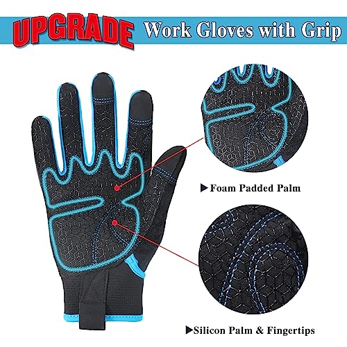 HANDLANDY Grip Work Gloves for Women Men, Safety Utility Yard Working Gloves, Flexible Touch Screen Mechanics Gloves (Grip-upgraded, Large (Pack of 1)) - color: Blue (1 Pair), size: Large