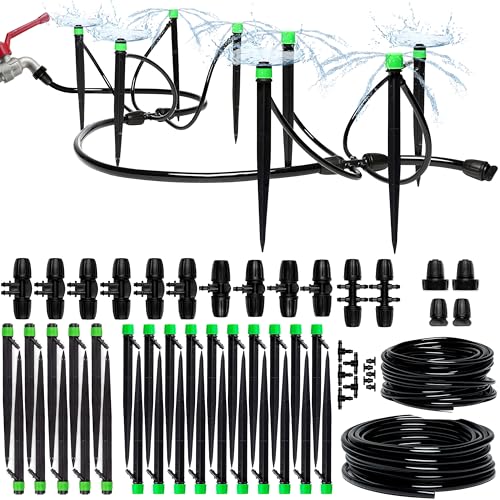 Drip Irrigation System Kit for Garden Watering, Sprinkler, 100 ft | For Garden, Yard, Raised Beds, Plants, Lawn, with Barbed 5/16 Mainline + 1/4 Tubing + 30 Emitters, 20-45 PSI and up to 40 GPH - size: Barbed Fitting 100 feet