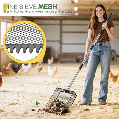 Updated Chicken Poop Scooper and Rake, 2-in-1 Chicken Poop Litter Scoop Sand Rake, Stainless Steel Handle (43–73"), Litter Scooper & Sand Sifting Shovel, Good for Chicken Coops & Farm Animals Scoop