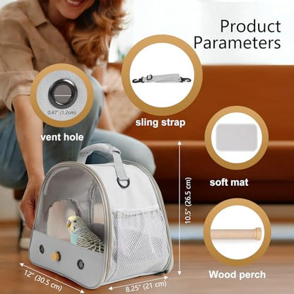 Bird Carrier, Portable Small Bird Parrot Parakeet Carrier with Standing Perch and Mat, Side Access Window Collapsible (Grey, Clear Windows) - color: Grey