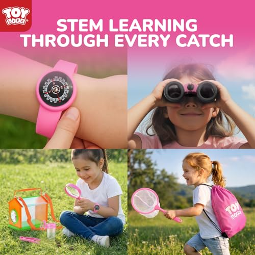 TOY Life Kids Explorer Kit with Bug Catcher for Kids, Bug Catching Kit with Bug Toys, Kid Safari Vest & Hat, Compass, Binoculars, Magnifying Glass, Educational Outdoor Toys Girls Kid Adventure Kit - color: 18 Pcs-pink