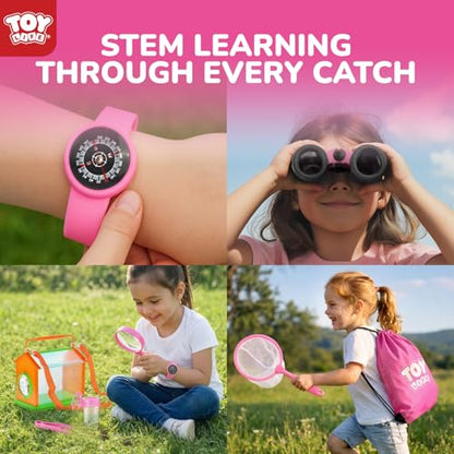 TOY Life Kids Explorer Kit with Bug Catcher for Kids, Bug Catching Kit with Bug Toys, Kid Safari Vest & Hat, Compass, Binoculars, Magnifying Glass, Educational Outdoor Toys Girls Kid Adventure Kit - color: 18 Pcs-pink