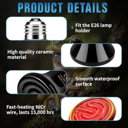 Happy Herps 50W Ceramic Heat Emitter, Reptile Heat Bulbs, Ceramic Heat Lamp for Reptiles, Amphibian, Chicken, Dog, Cat (2-Pack) - size: 50W-2 Pack