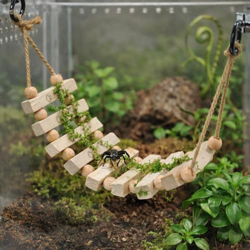 Jumping Spider Enclosure Accessories Magnetic Jumping Spider Rope Bridge with Artificial Moss Handmade Rectangular Solid Wood Suspension Bridge (Natural Wood Color)