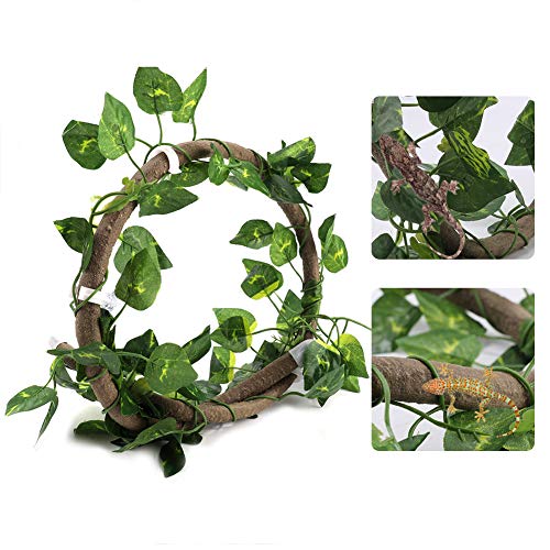 Tropical Terrarium Plants Fake Jungle Vines Set with Pothos Leaves, Naturalistic Climbing Vines for Reptile Habitat Decor, Bioactive Vivarium (Vinegar + Green Ivy Leaves)