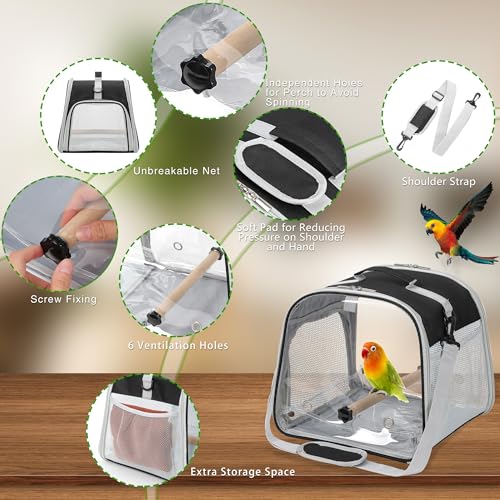 Small Bird Carrier, Large Window Travel Cage with Stand and Easy Clean Tray for Parrot Parakeet Cockatiels, Lightweight and Portable, Black - color: Black