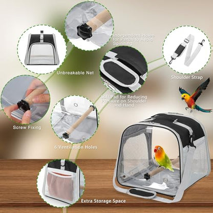 Small Bird Carrier, Large Window Travel Cage with Stand and Easy Clean Tray for Parrot Parakeet Cockatiels, Lightweight and Portable, Black - color: Black