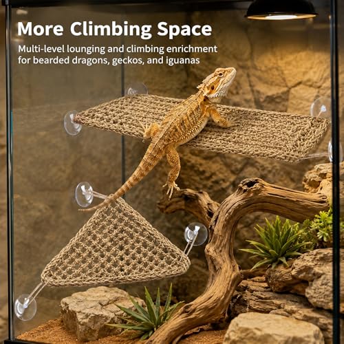 Dansydaisy 4 Pcs Reptile Hammock Bearded Dragon Tank Accessories, Woven Lounger with Strong Suction Cups, 2 Rectangle (29.5" x 7.1") and 2 Triangle (12.6" x 16.5") Climbing Beds for Geckos Iguanas - size: 29.5" X 7.1"，12.6" X 16.5"