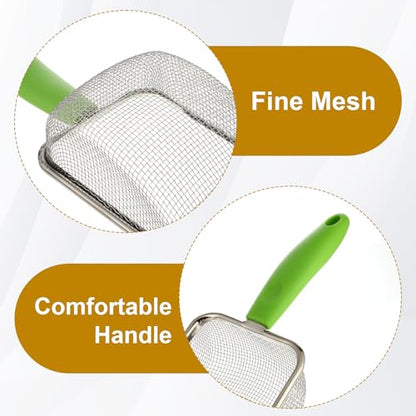 Stainless Steel Mesh Litter Shovel, Fine Mesh Metal Reptile Litter Cleaner Scooper, Green Non-Slip Handle Sifter for Lizard Substrate Reptile Terrarium Sand Waste