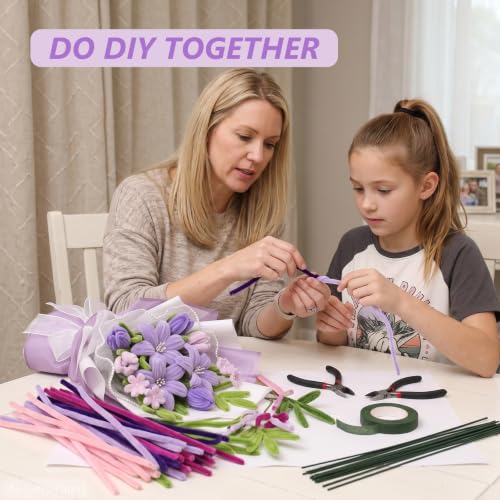 Cwczhi 600 PCS Pipe Cleaners Craft,9 Colors Purple Pipe Cleaner Flower Kit | with Instructions,Floral Wires,Stamen,Wrapping Paper& Ribbon,Art and Craft Supplies - color: purple