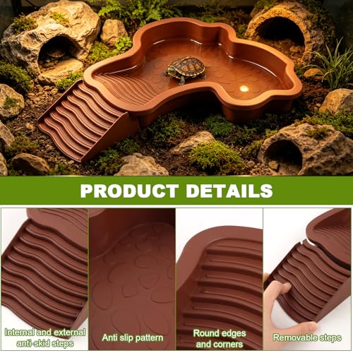 3 Pcs Aquatic & Terrestrial Reptiles Bathing Pool Set, Turtle Water Bowl | Tortoise Water Dish with Removable Ramp and 2 Pcs Feeding Dish - color: Dark Brown【1 x Water Dish, 2 x Feeding Dish】