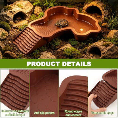 3 Pcs Aquatic & Terrestrial Reptiles Bathing Pool Set, Turtle Water Bowl | Tortoise Water Dish with Removable Ramp and 2 Pcs Feeding Dish - color: Dark Brown【1 x Water Dish, 2 x Feeding Dish】