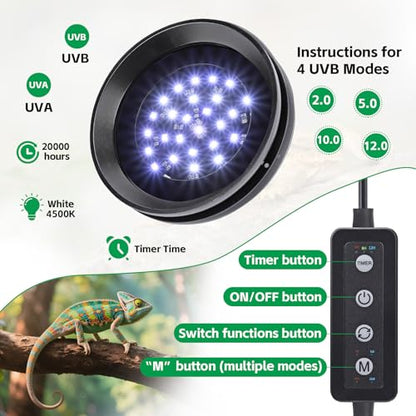 UVB Light for Reptiles with Dimming, LED UVB Light Bulb Fixture for Bearded Dragon Gecko Lizard Turtle Snake, Adjustable Brightness UVA UVB Lamp for Tropical & Desert Reptile Tank Accessories 8W Black - size: 8W-Balck