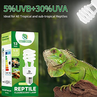 UVB Reptile Light 5.0, 13W Tropical and Sub-Tropical UVA UVB Bulb for Reptiles, Tropical Terrarium Compact Fluorescent Lamp, Reptile UVB Light Bulb for Chameleons, Iguanas and Turtles - size: 5.0-13