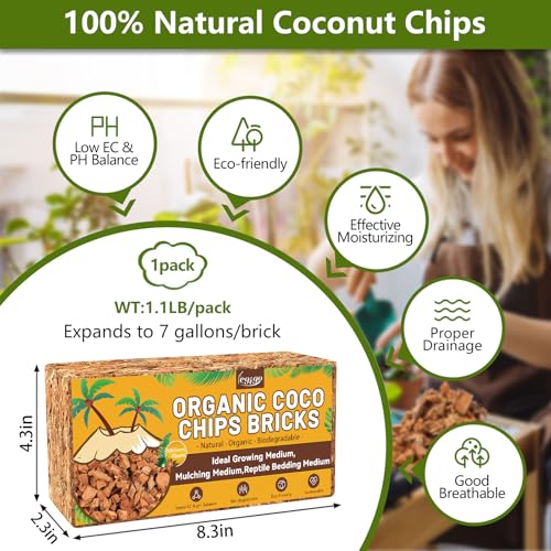 1.1 LB Coco Coir Chips for Plants- Organic Coconut Husk Potting Mix | Coconut Mulch Coco Husk Chips for Garden, Potted Plants, Orchid Repotting Soil Mix, High Expansion & Moisture Retention - size: 1 Pack