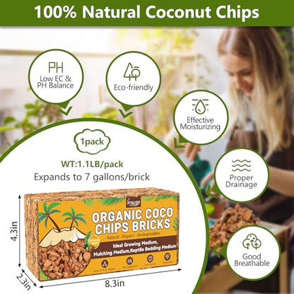 1.1 LB Coco Coir Chips for Plants- Organic Coconut Husk Potting Mix | Coconut Mulch Coco Husk Chips for Garden, Potted Plants, Orchid Repotting Soil Mix, High Expansion & Moisture Retention - size: 1 Pack