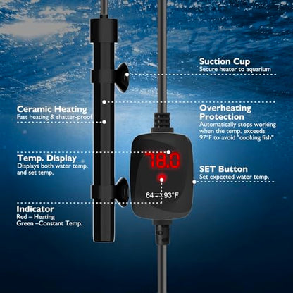50W Small Aquarium Heater Betta Heater for 5-10 Gallon Freshwater & Saltwater Tanks, Alumina Ceramic Fish Tank Heater Turtle Heater with Dry-Run & Overheat Protection - size: For Tanks ≤ 10 Gal